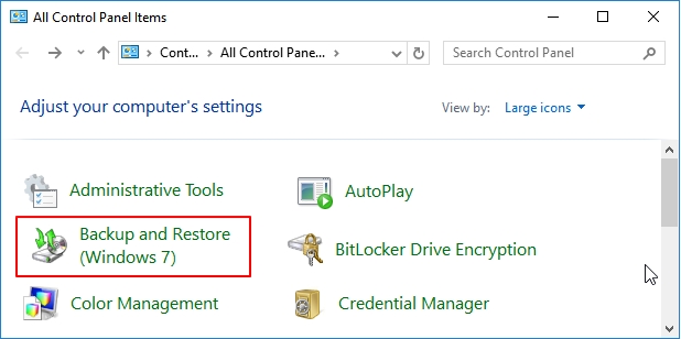 open windows backup and restore (windows 7) in control panel