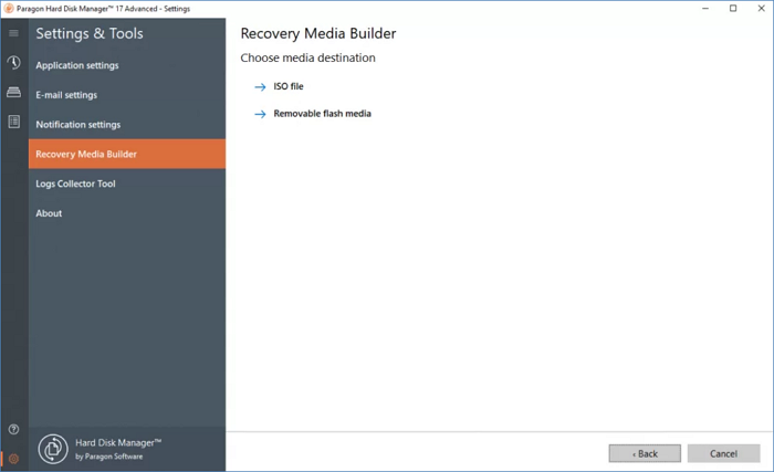 paragon backup and recovery function - recovery media builder