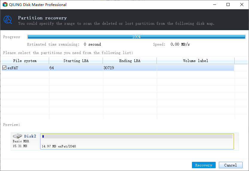 Select found partition to restore