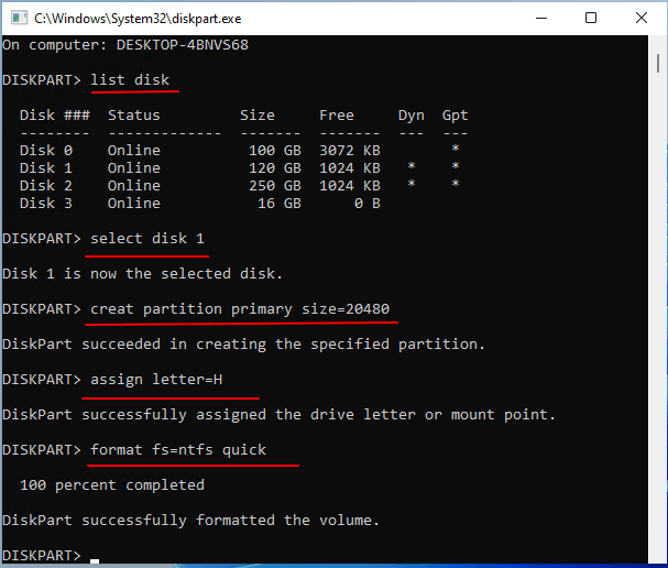 Create partition using diskpart