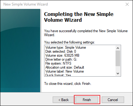 Finish creating new simple volume