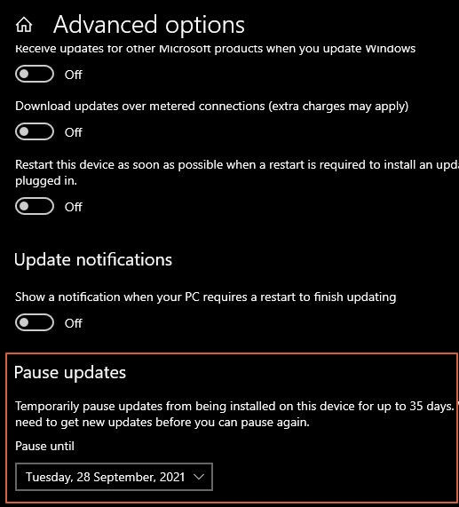 pause windows 11 update for up to 35 days