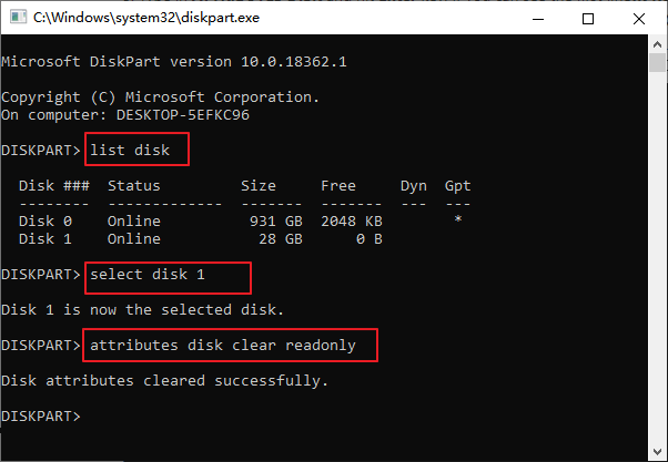 Remove write protection using diskpart command.