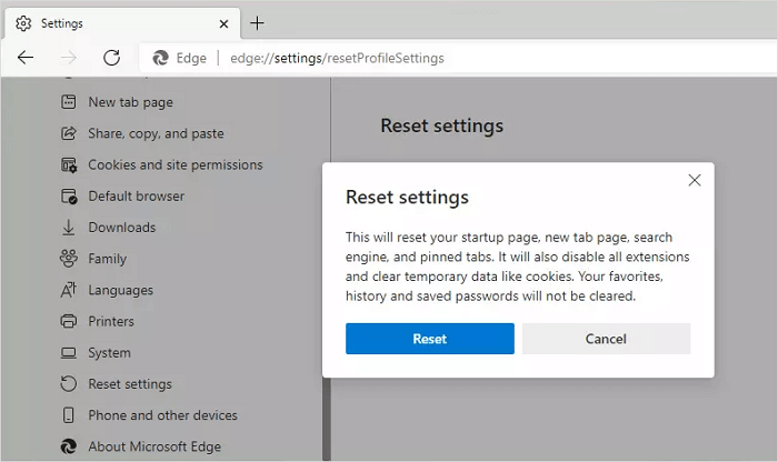 reset microsoft edge to remove windows defender security warning