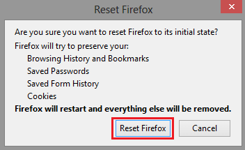 reset firefox to remove windows defender security warning