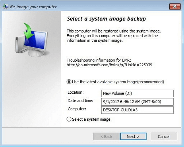 Select system image to restore to a computer that has different firmware.