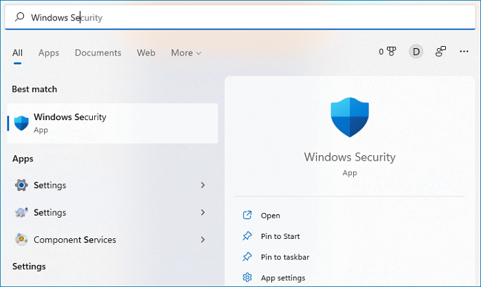 Search and open Windows Security
