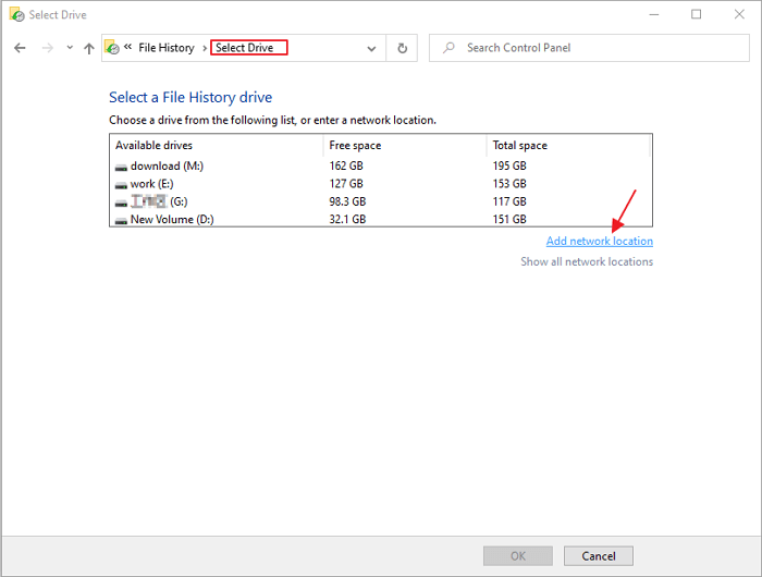 select nework drive location in file history