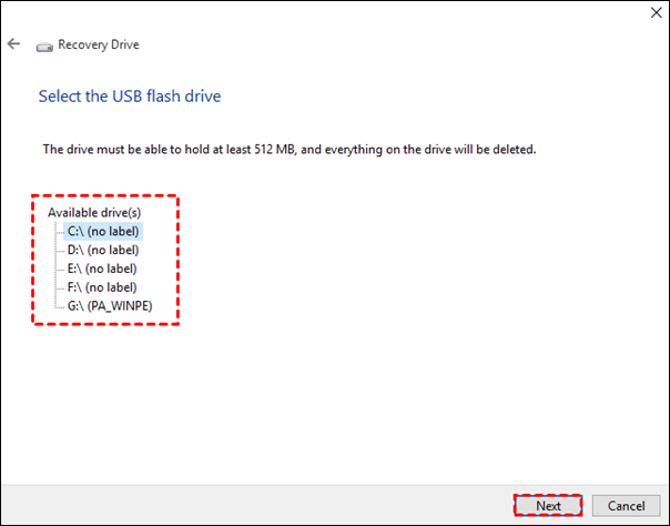 select usb flash drive to make a recovery usb