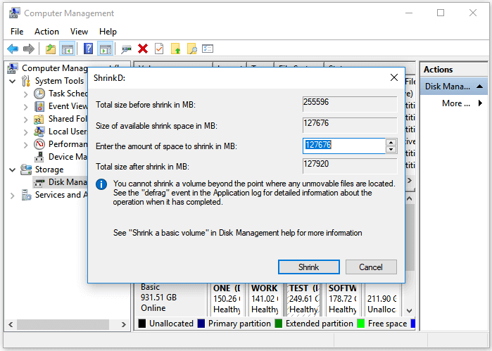 Shrink partition in Windows 10 using Disk Management