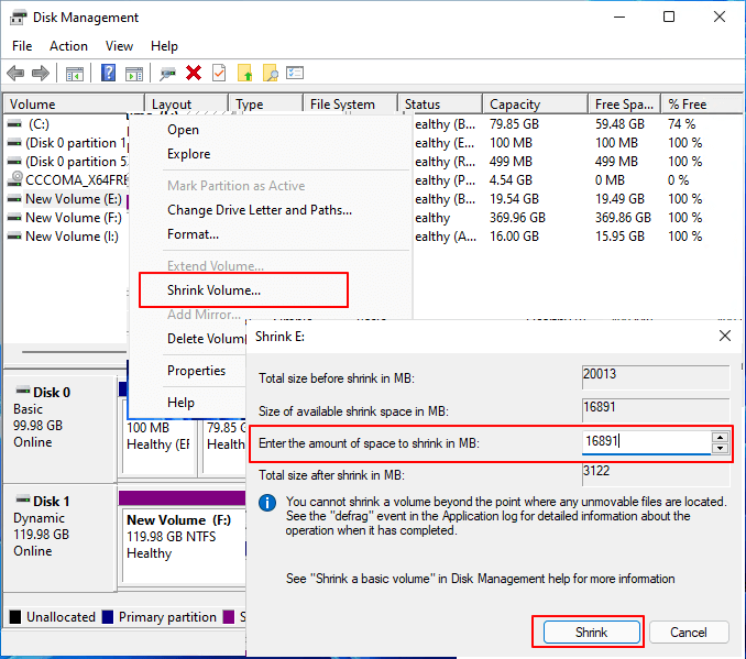 Shrink partition to create unallocated space.