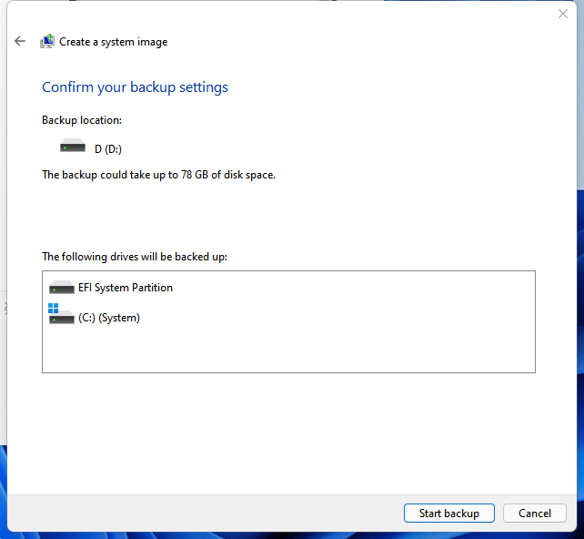 Start create system image windows 11