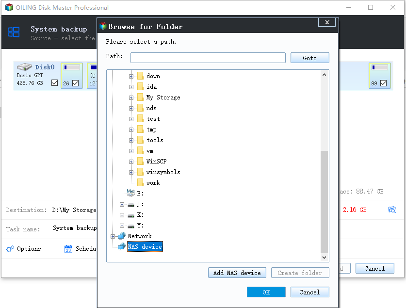 select backup location