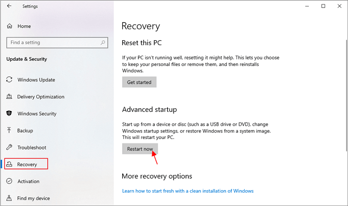 select restart now in the recovery settings