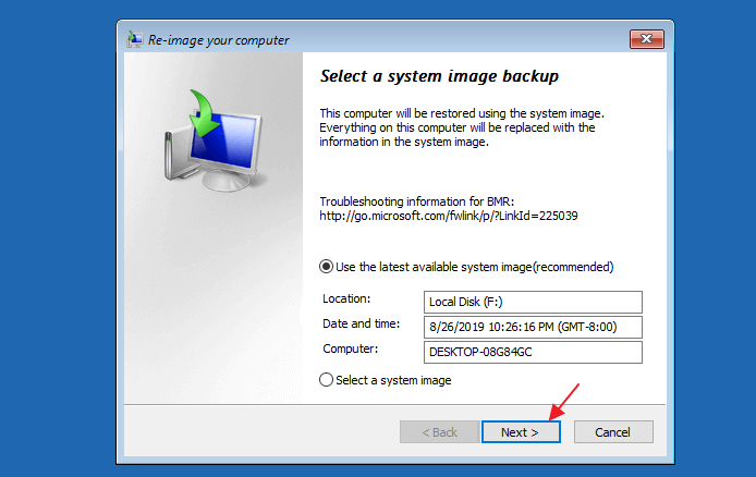 select a system image to restore