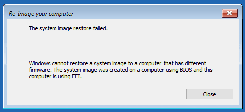 System image restore fails because of efi/bios issue