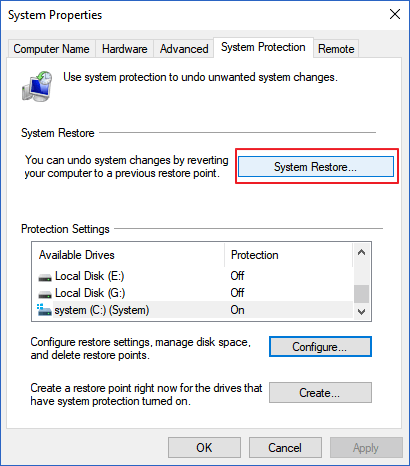 choose the restore point from the system protection option