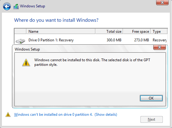 Windows can't be installed to this disk. The selected disk is of GPT partition.
