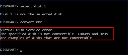 specified disk is not convertable with virtual disk service error