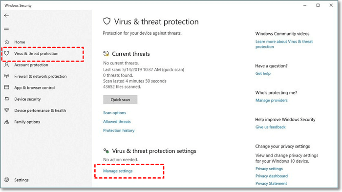 virus threat protection manage settings