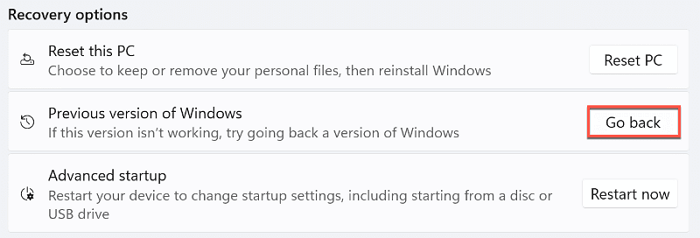 Click to go back to the previous version of Windows