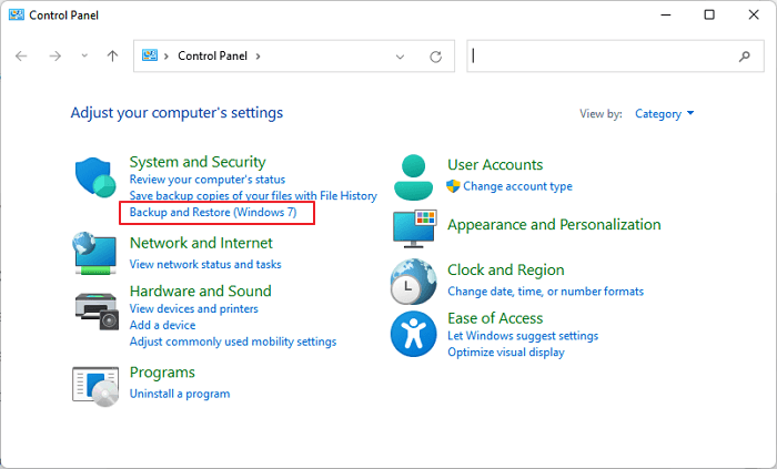 Find Backup and Restore (Windows 7) in Control Panel