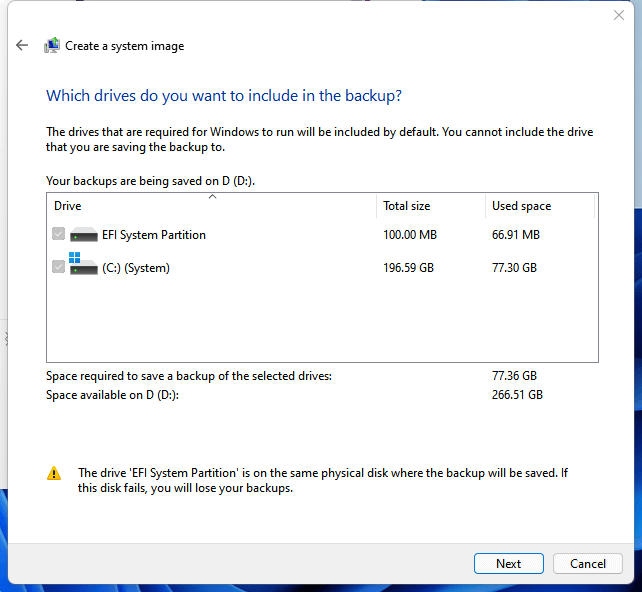 Drives include in the backup image
