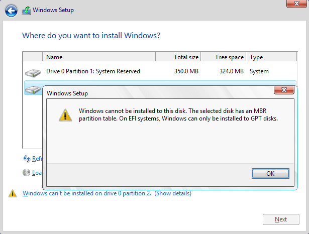Windows cannot be installed to MBR disk