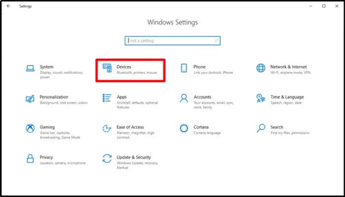 click devices in windows settings