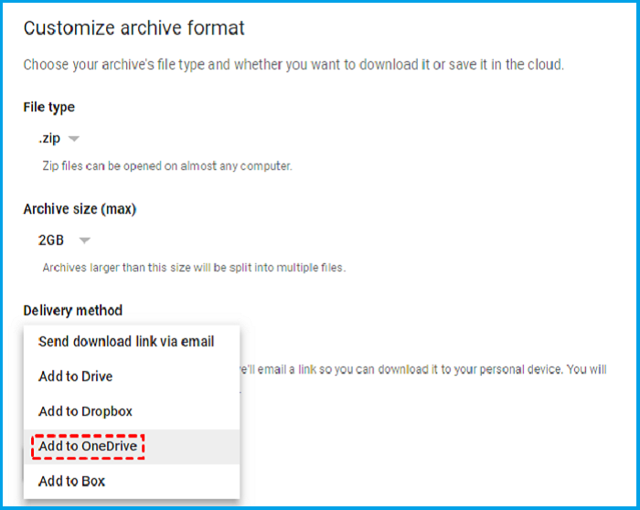 Select the delivery method to transfer files from Google Drive to OneDrive.