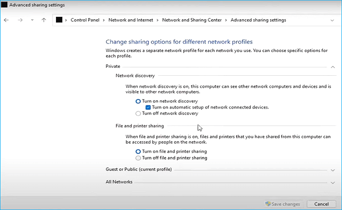 Windows Advance sharing settings