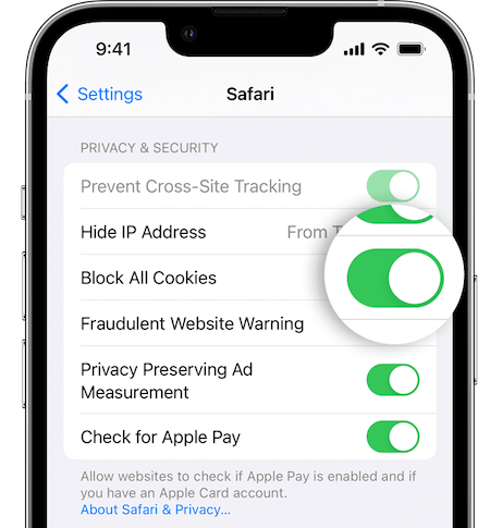 block all cookies in iphone