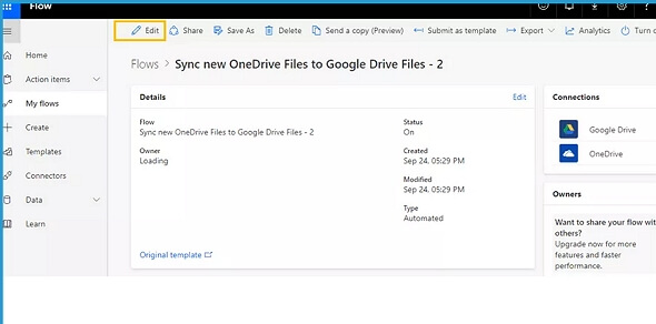 click and edit the flow on onedrive