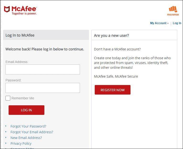 mcafee log in