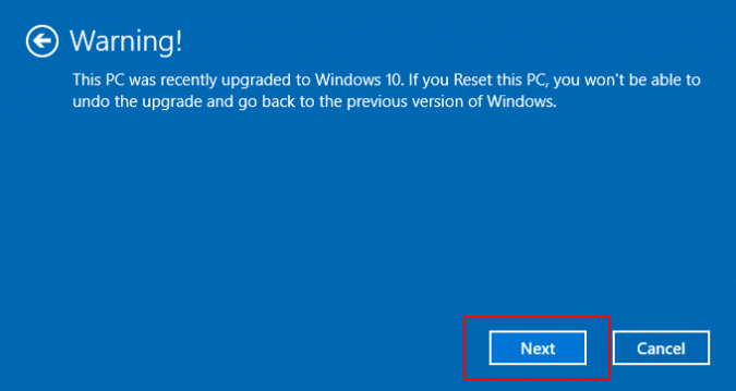Confirm that you want to reset Windows 10