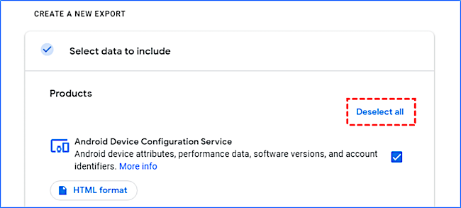 Deselect all to export files from Google Drive to OneDrive.