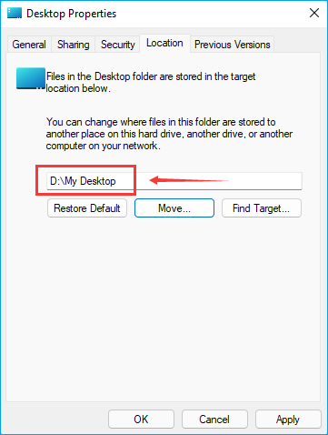 entering the new location of the desktop folder location