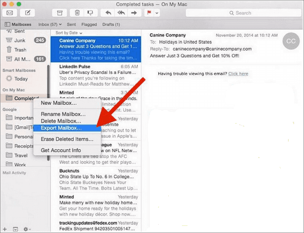 Backup Apple mail using Export Mailbox feature