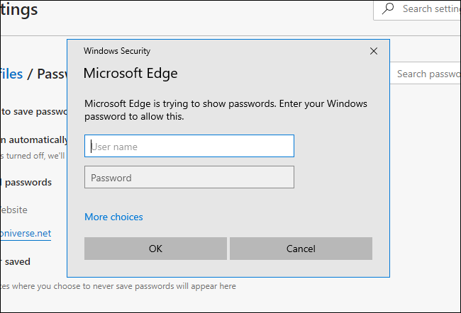 Enter Windows password to show Edge password