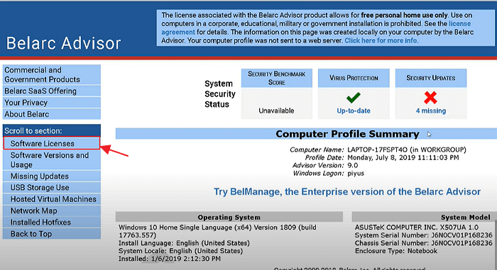 find product key via belarc advisor