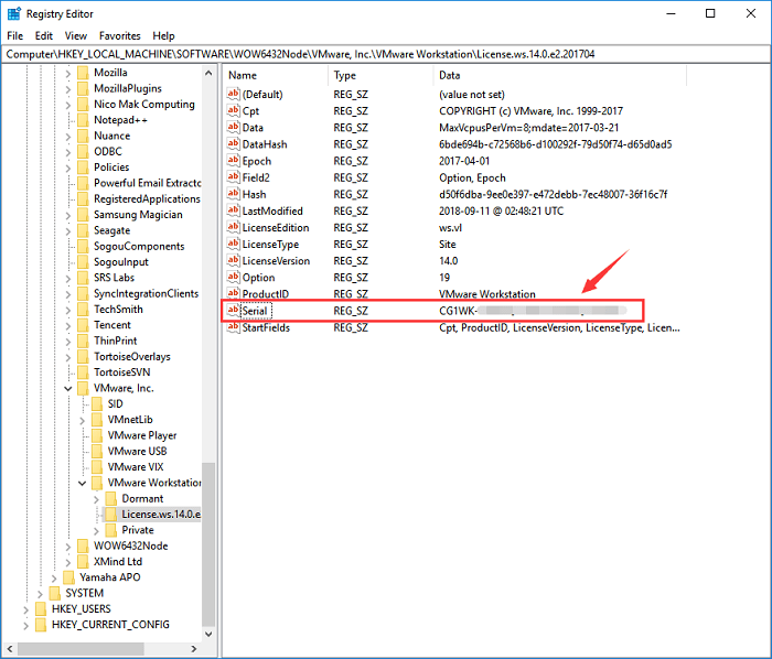 find vmware license key registry