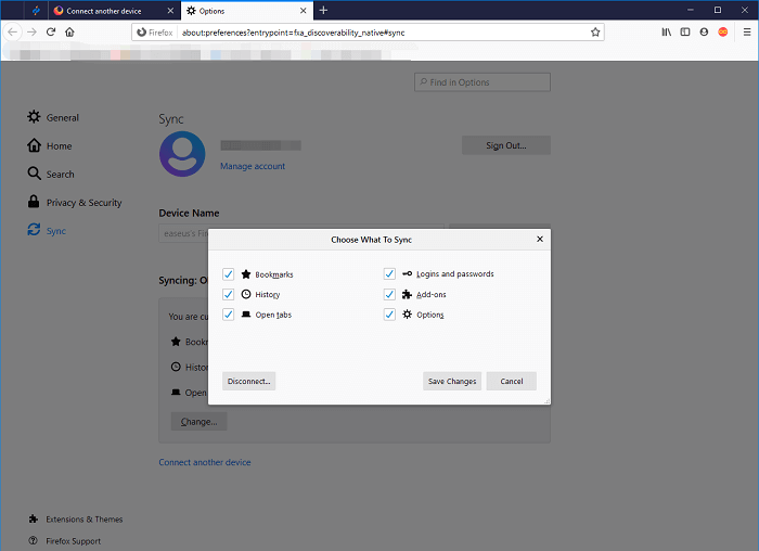 firefox sync option