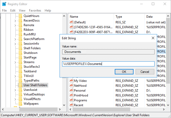 Fix can't change folder location error by restore its default registry key value