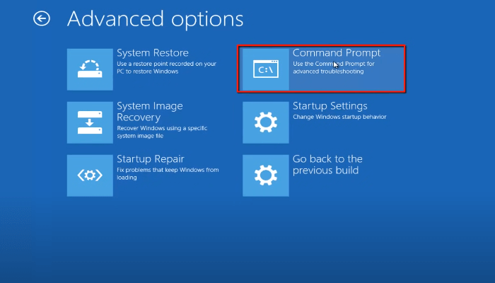 go to system recovery and select Command Prompt