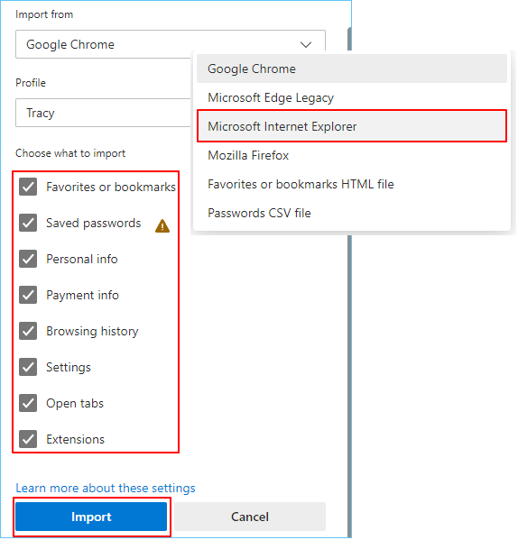 Select to import IE favorites, passwords, etc., to Edge