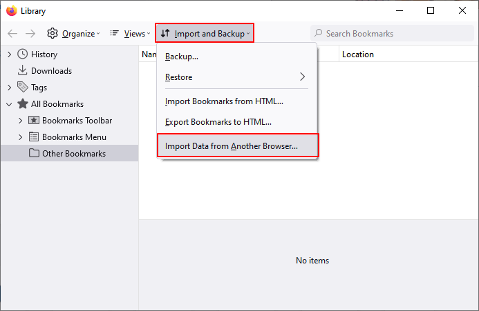 Select importing bookmarks 