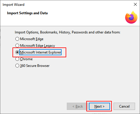 Select to import IE data to firefox