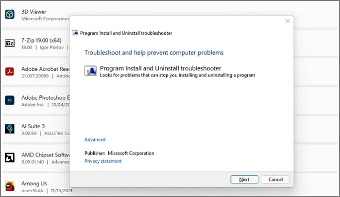 install and uninstall programs by troubleshooter