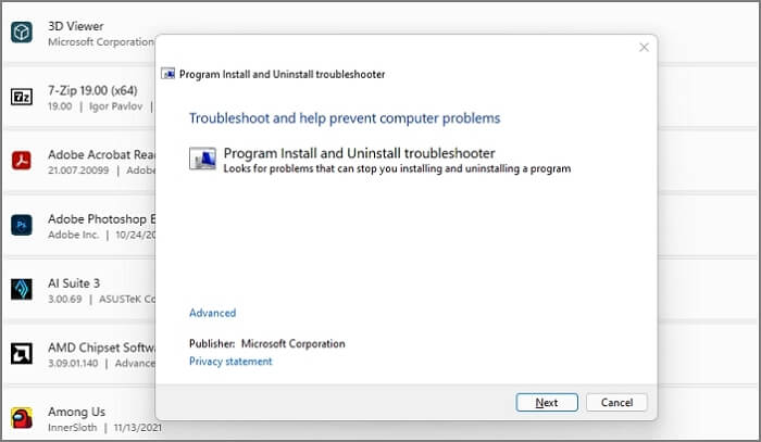 install and uninstall programs by troubleshooter