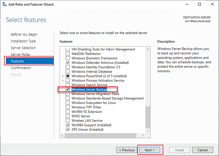 Select to install Windows Server Backup